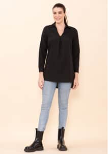 Tamsy Black Micro Collared with Sleeve Top -S