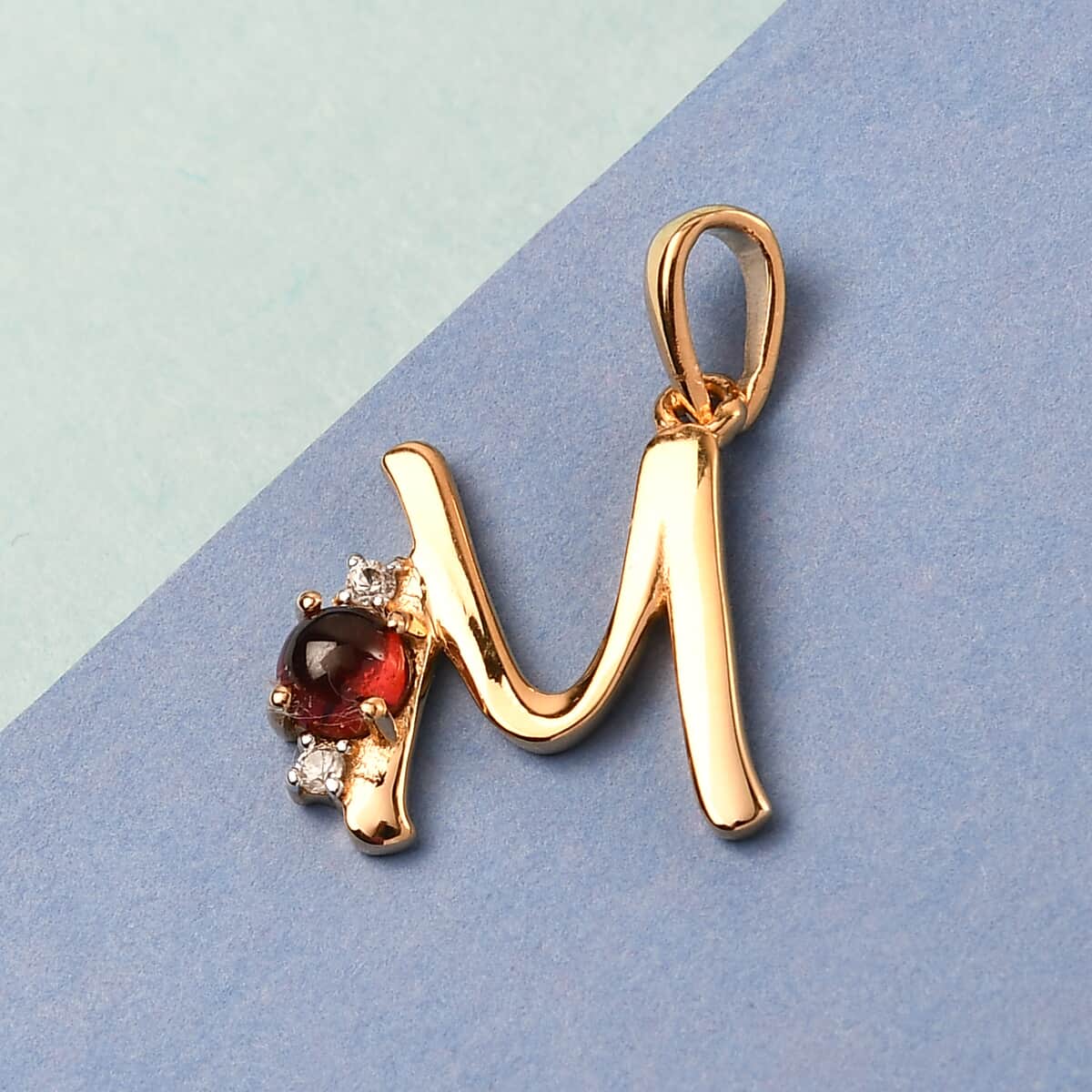 Mozambique Garnet and Natural White Zircon Initial M Pendant in Vermeil Yellow Gold Over Sterling Silver 0.50 ctw image number 1