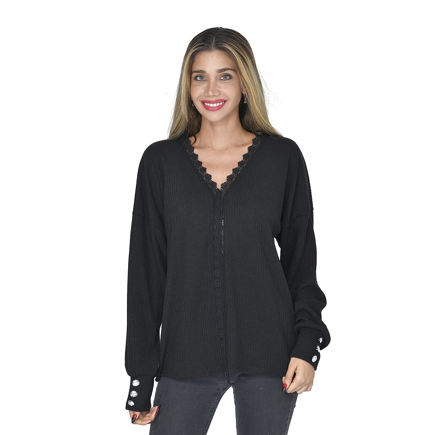 Tamsy Black 65% Cotton & 35% Polyester Lace V-Neck Knit Sweater - L