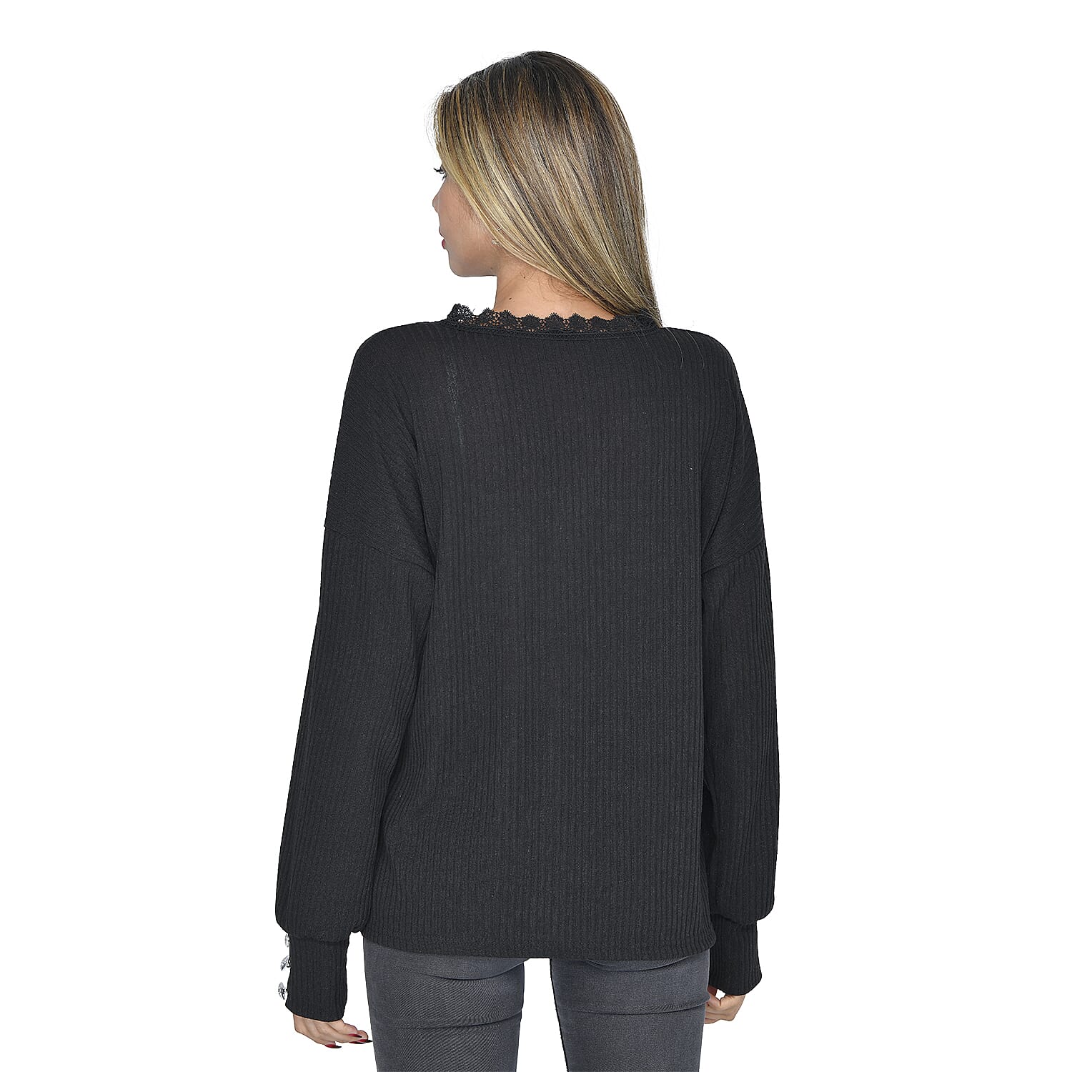 Tamsy Black 65% Cotton & 35% Polyester Lace V-Neck Knit Sweater - L