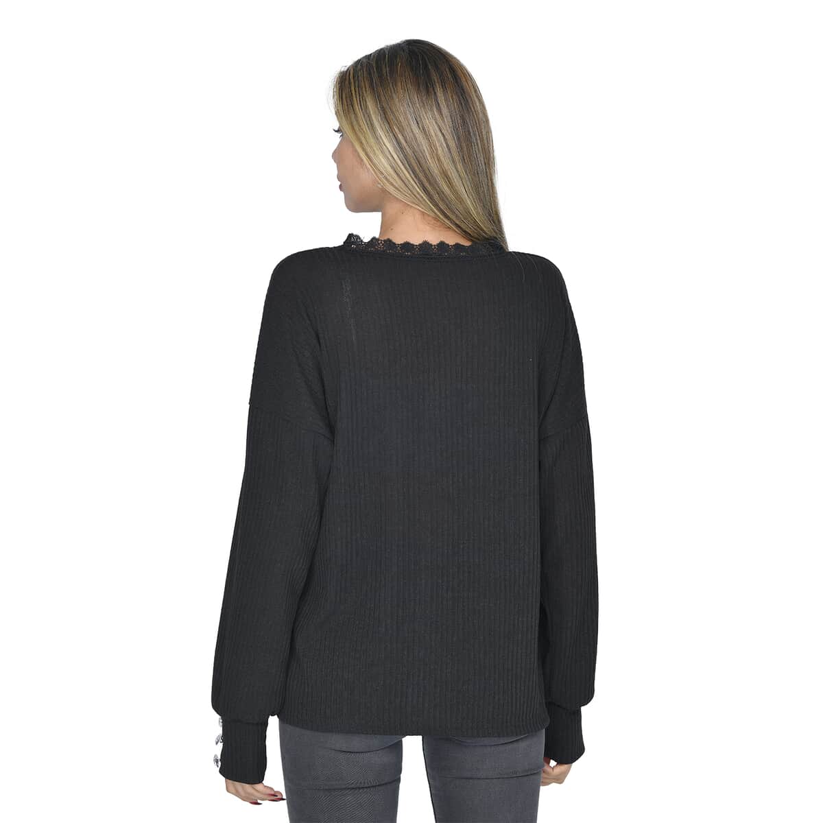 TAMSY Black 65% Cotton & 35% Polyester Lace V-Neck Sweater - L image number 1