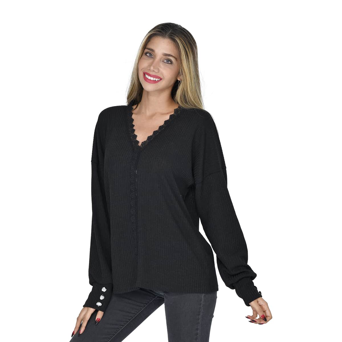 TAMSY Black 65% Cotton & 35% Polyester Lace V-Neck Sweater - L image number 2