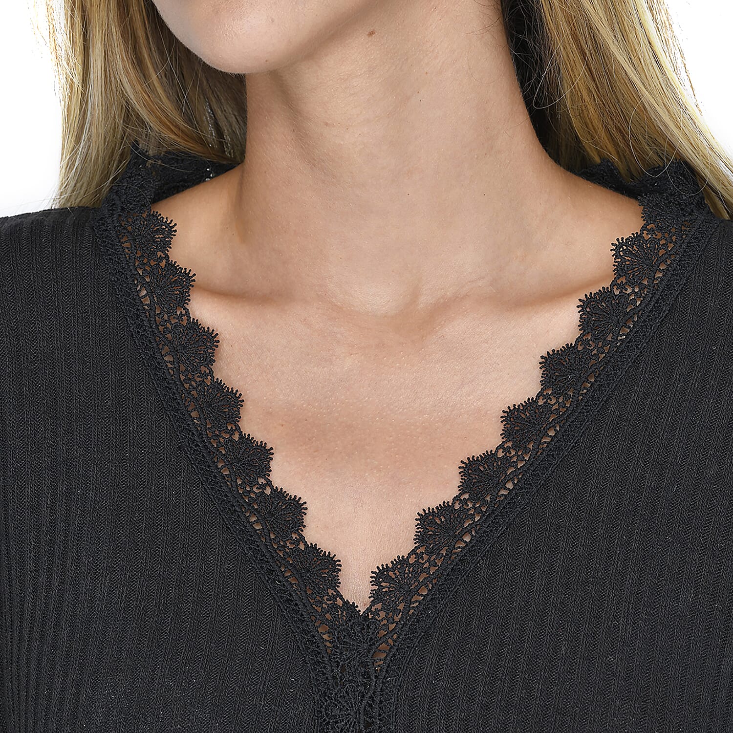 Tamsy Black 65% Cotton & 35% Polyester Lace V-Neck Knit Sweater - L