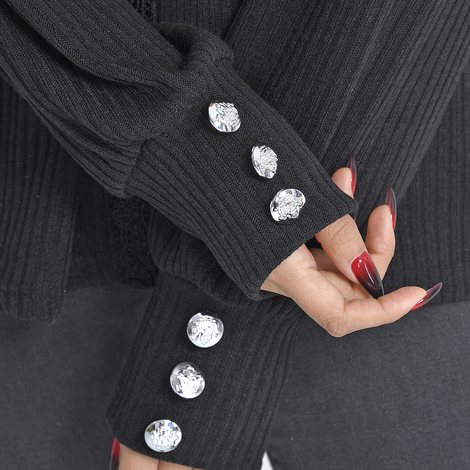 Tamsy Black 65% Cotton & 35% Polyester Lace V-Neck Knit Sweater - L