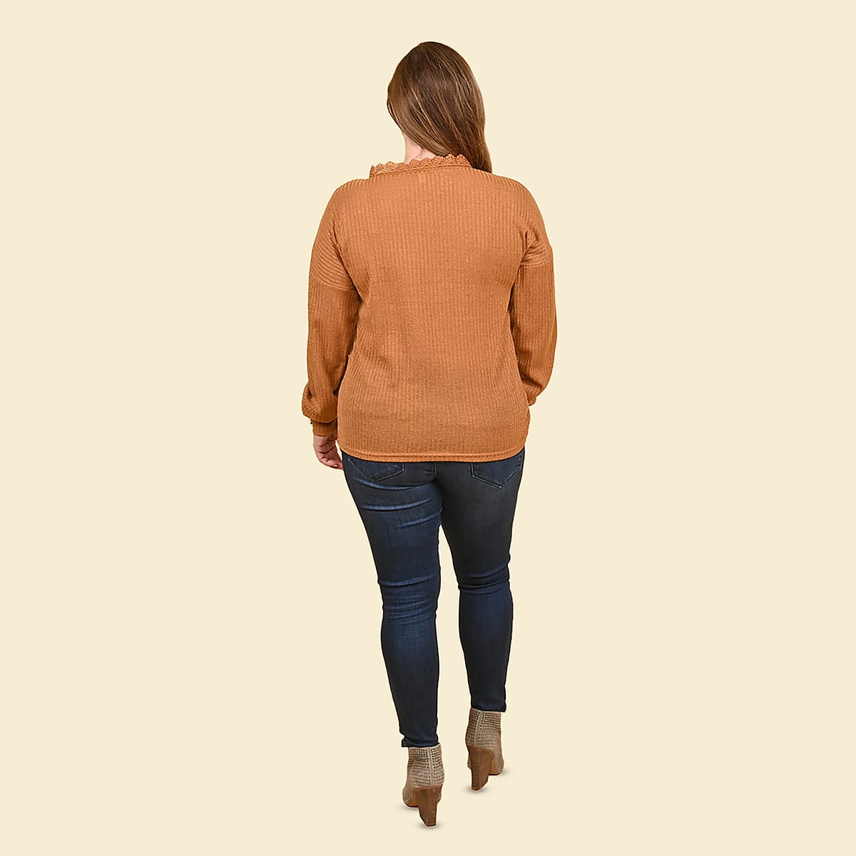 Tamsy Brown 65% Cotton & 35% Polyester Lace V-Neck Knit Sweater - 3XL image number 1