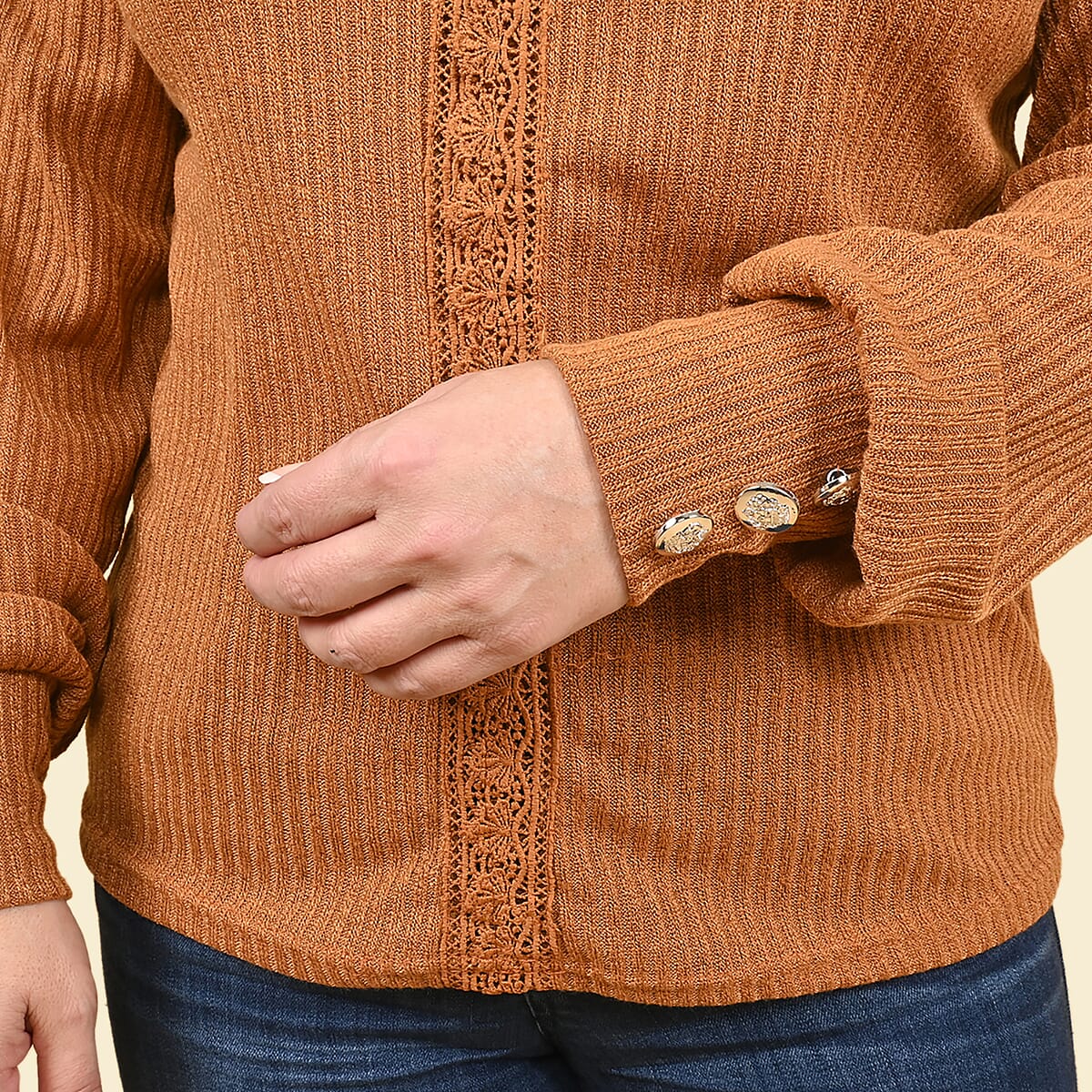 Tamsy Brown 65% Cotton & 35% Polyester Lace V-Neck Knit Sweater - 3XL image number 3