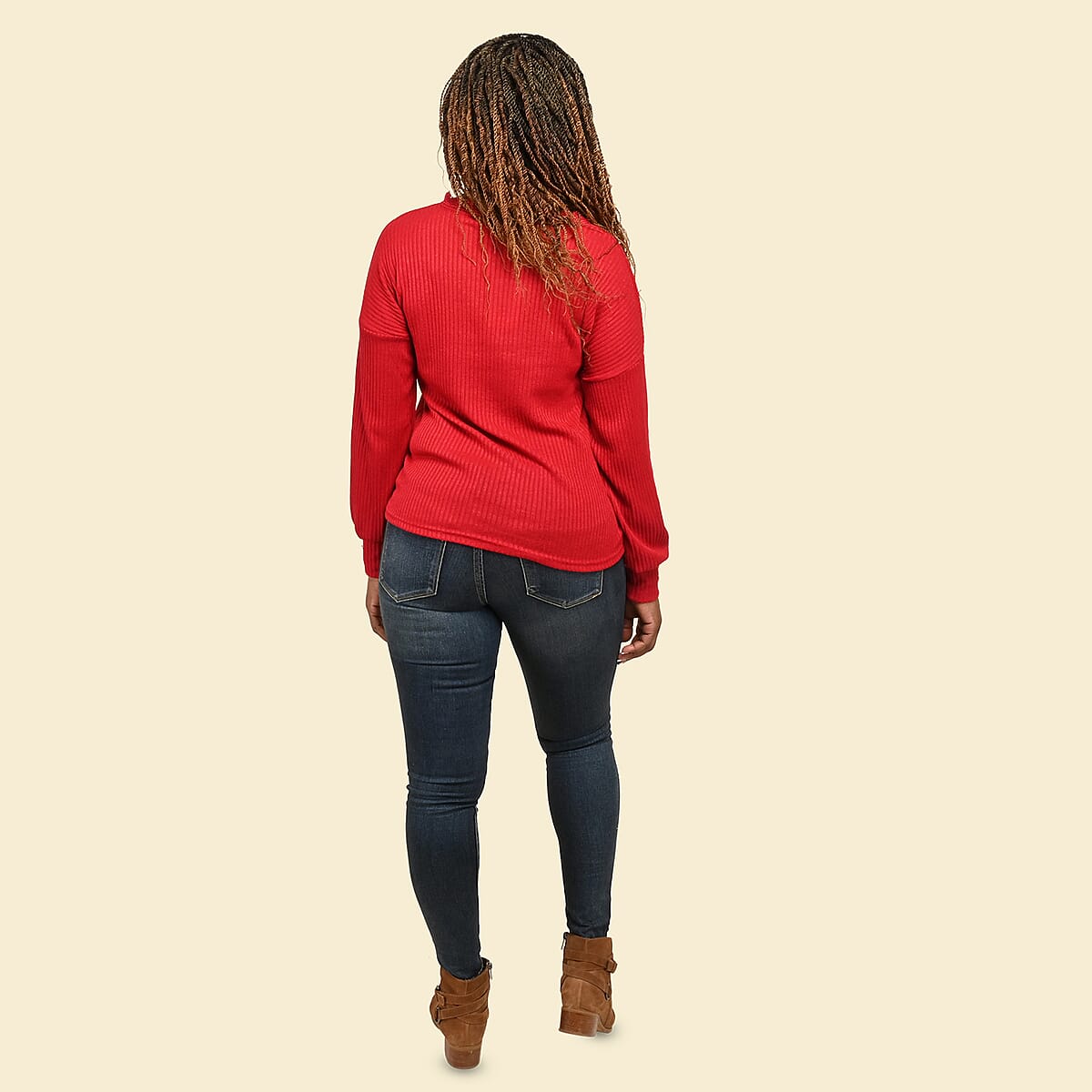 Tamsy Red 65% Cotton & 35% Polyester Lace V-Neck Knit Sweater - 3XL image number 1