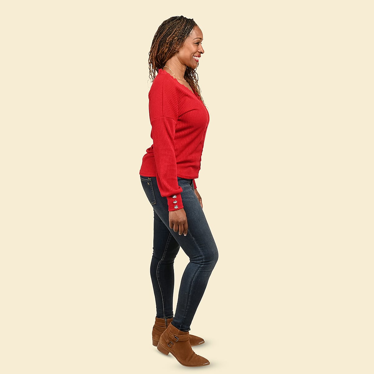 Tamsy Red 65% Cotton & 35% Polyester Lace V-Neck Knit Sweater - 3XL image number 2