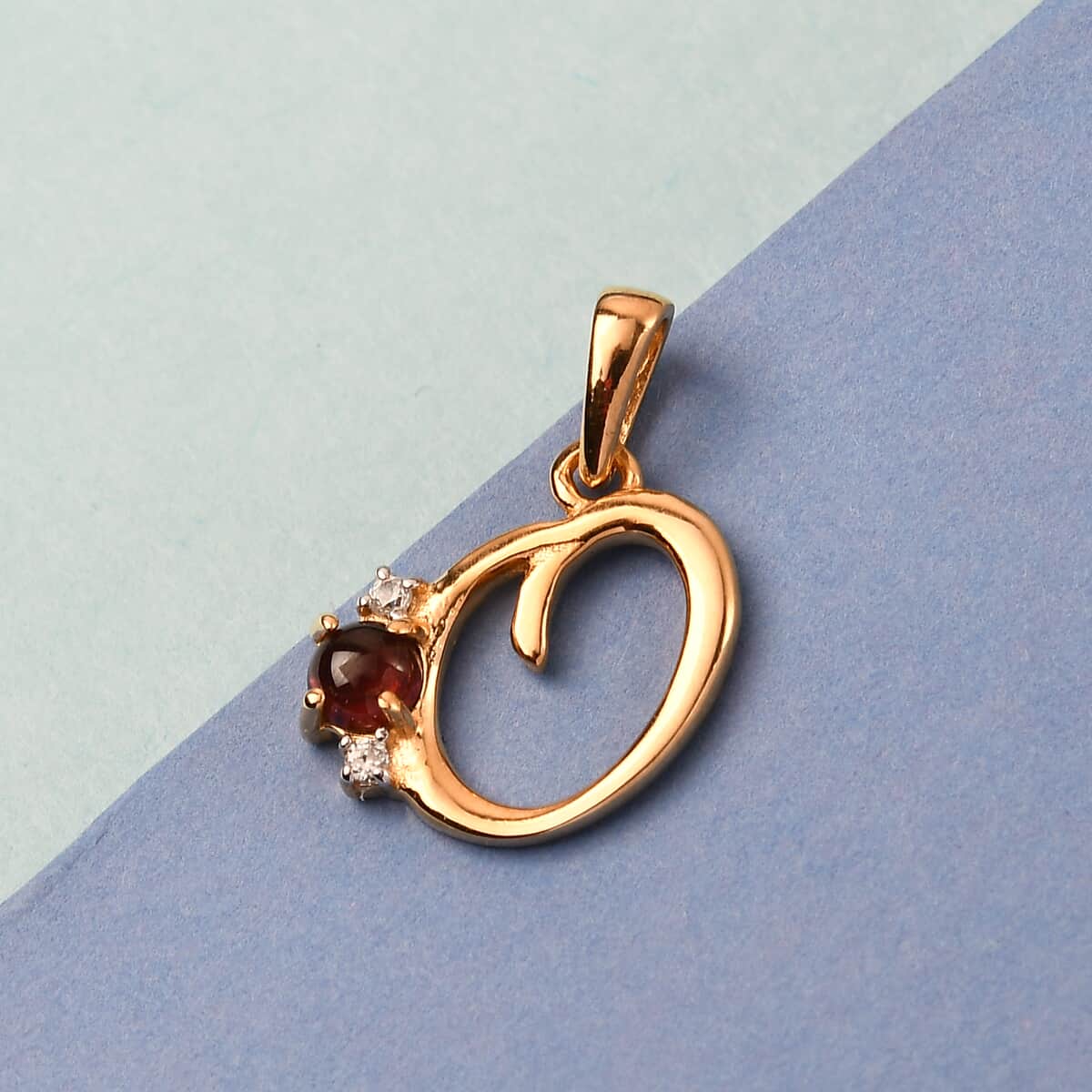 Mozambique Garnet and Natural White Zircon Initial O Pendant in Vermeil Yellow Gold Over Sterling Silver 0.50 ctw image number 1