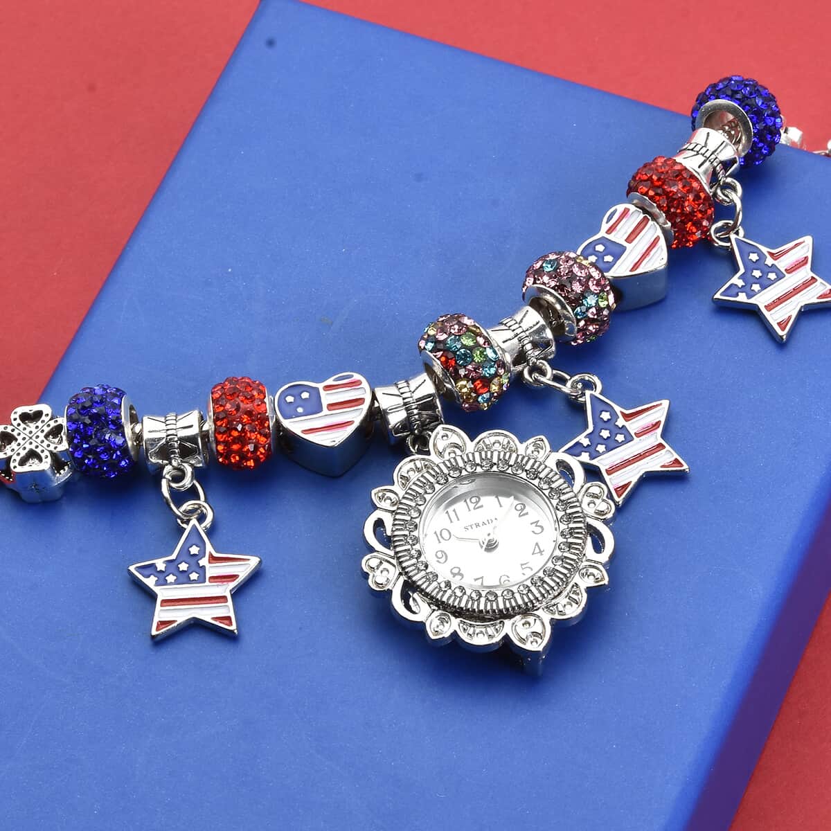 STRADA Multi Austrian Crystal Japanese Movement Adjustable Bracelet Watch with Strars Charm in Silvertone image number 1