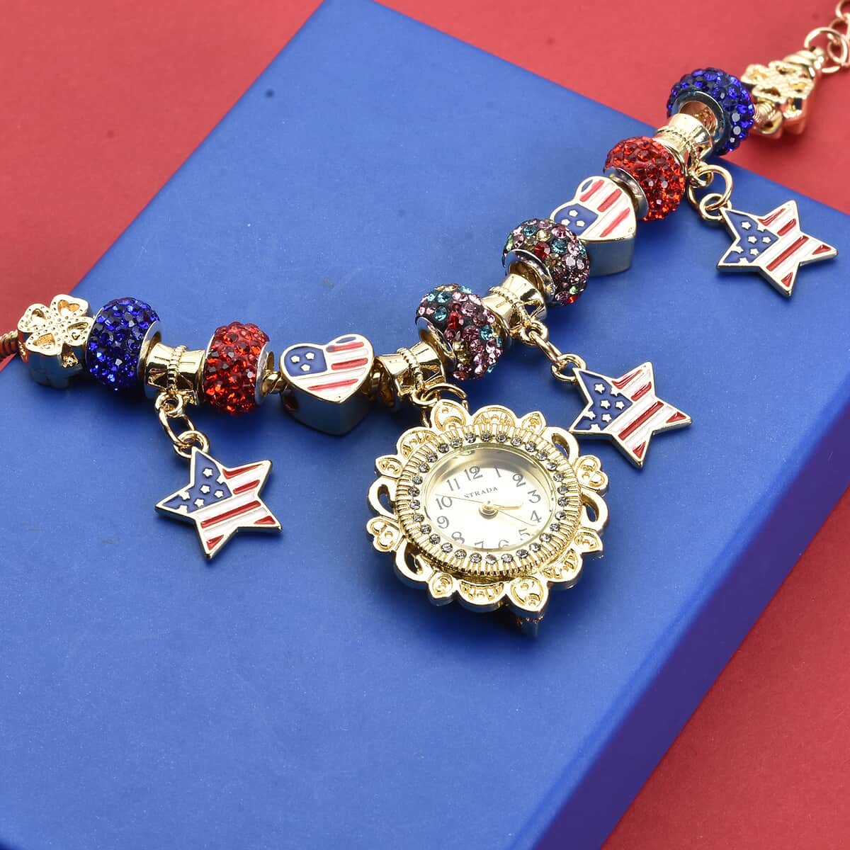 Strada Multi Color Austrian Crystal Japanese Movement Adjustable Bracelet Watch with Stars Charm in Goldtone image number 1