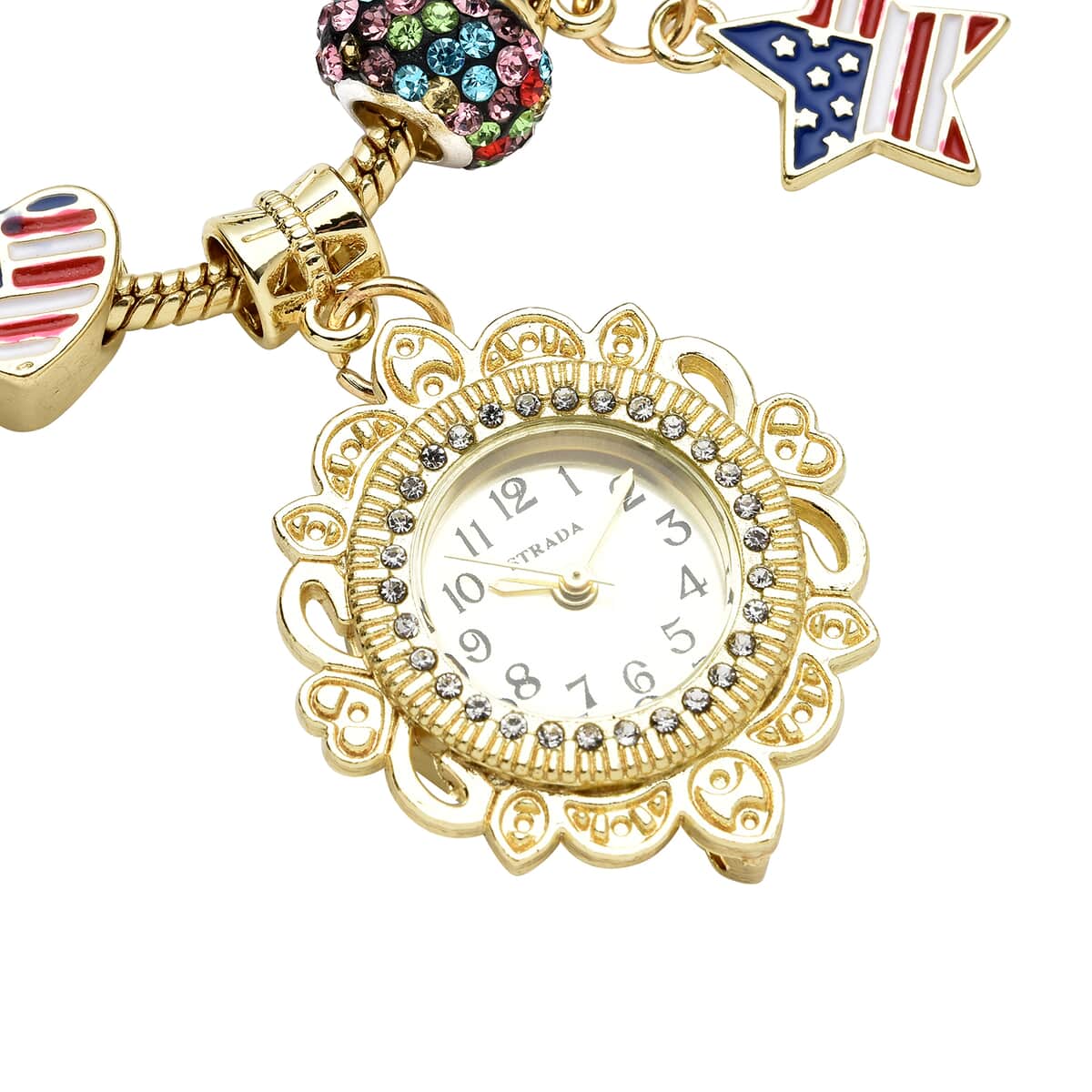 Strada Multi Color Austrian Crystal Japanese Movement Adjustable Bracelet Watch with Stars Charm in Goldtone image number 2