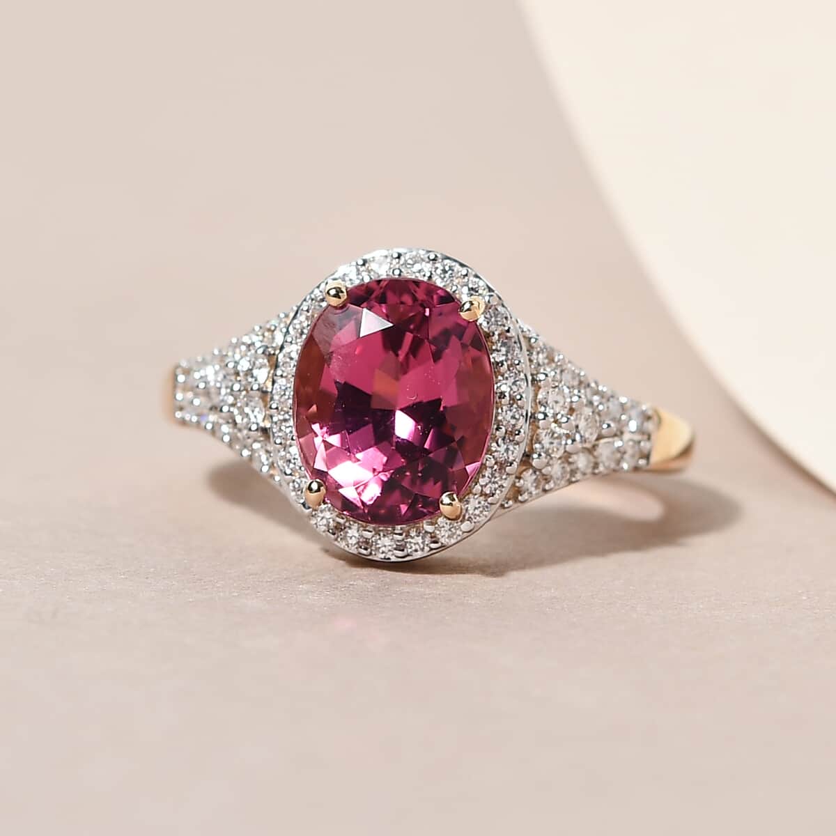 Iliana 18K Yellow Gold AAAA Ouro Fino Rubellite and G-H SI Diamond Ring (Size 7.0) 4.70 Grams 3.40 ctw image number 1