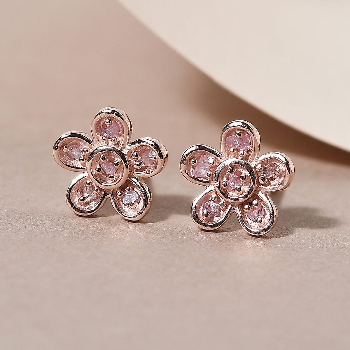 Uncut Natural Pink Diamond Flower Stud Earrings in Vermeil Rose Gold Over Sterling Silver 0.10 ctw image number 1