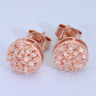 Natural Pink Diamond I3 Round Shape Stud Earrings in Vermeil Rose Gold Over Sterling Silver 0.25 ctw