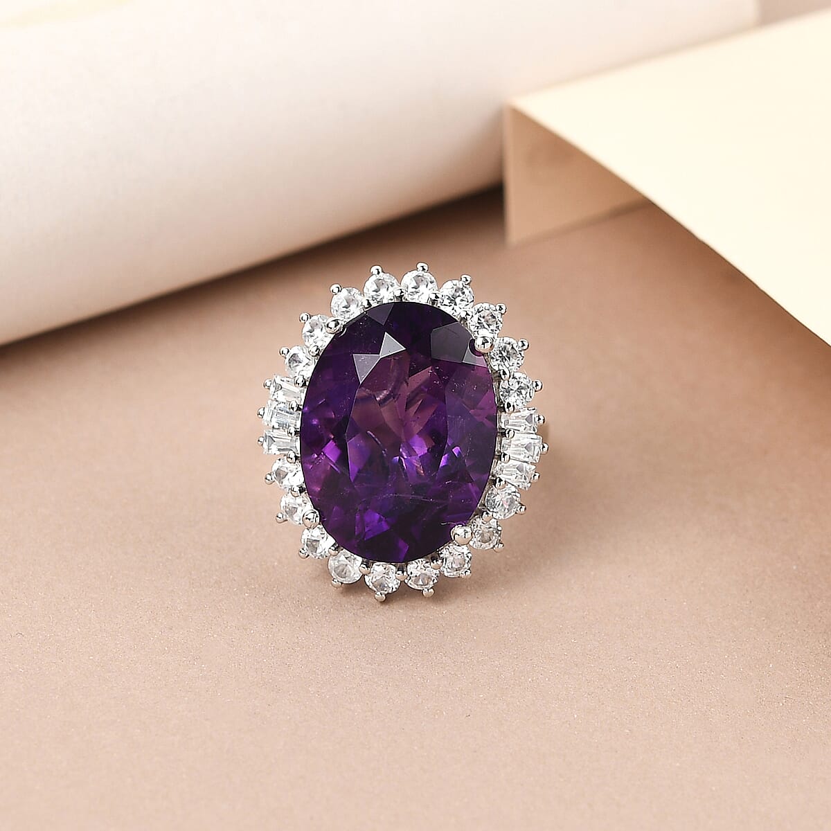 Amethyst and White Zircon Halo Ring in Platinum Over Sterling Silver (Size 6.0) 19.10 ctw image number 1