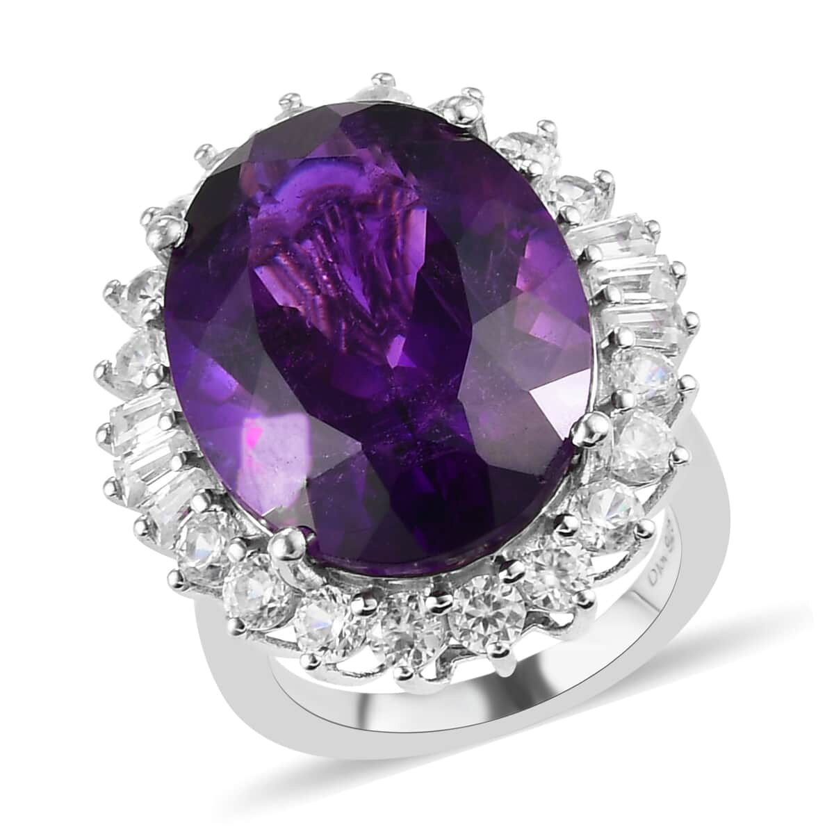 Amethyst and Natural White Zircon Halo Ring in Platinum Over Sterling Silver (Size 7.0) 19.10 ctw image number 0