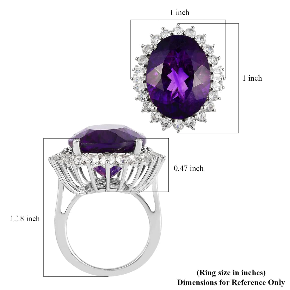 Amethyst and Natural White Zircon Halo Ring in Platinum Over Sterling Silver (Size 7.0) 19.10 ctw image number 5