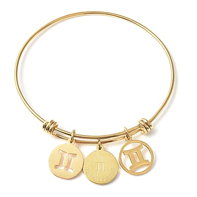 Gemini Zodiac Bangle Bracelet Gift Set in ION Plated Yellow Gold Stainless Steel (6-9 in)