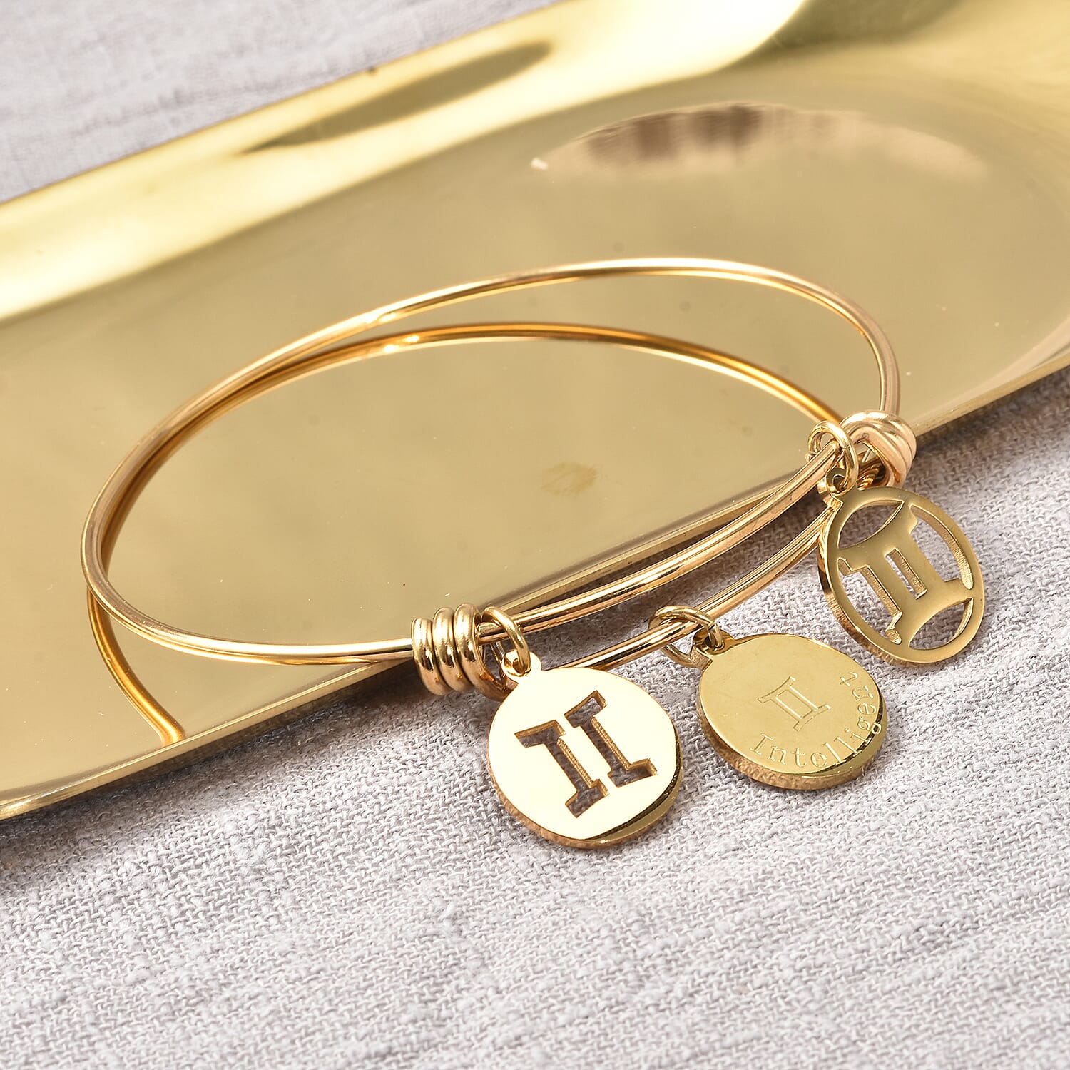 Gemini Zodiac Bangle Bracelet Gift Set in ION Plated Yellow Gold Stainless Steel (6-9 in)