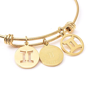 Gemini Zodiac Bangle Bracelet Gift Set in ION Plated Yellow Gold Stainless Steel (6-9 in)