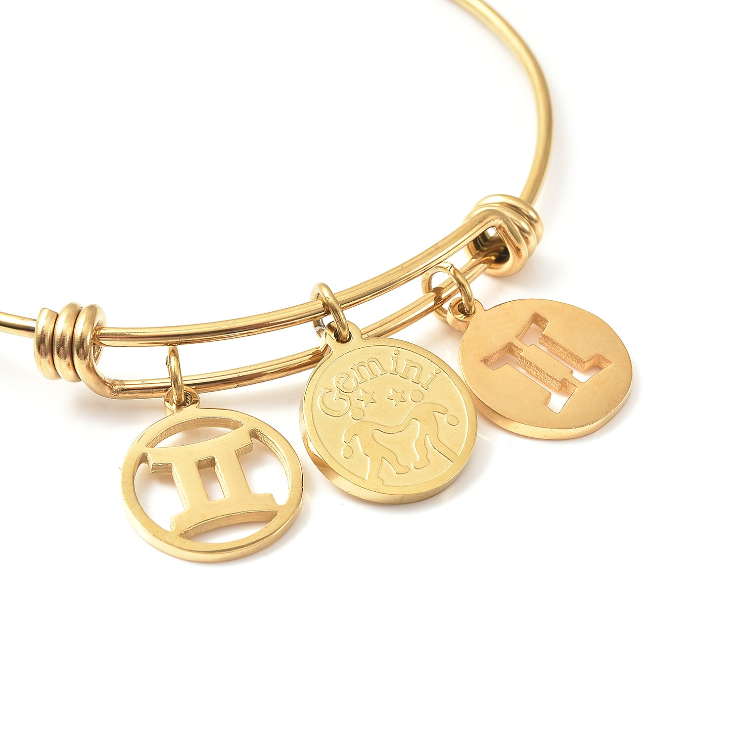 Gemini Zodiac Bangle Bracelet Gift Set in ION Plated Yellow Gold Stainless Steel (6-9 in)