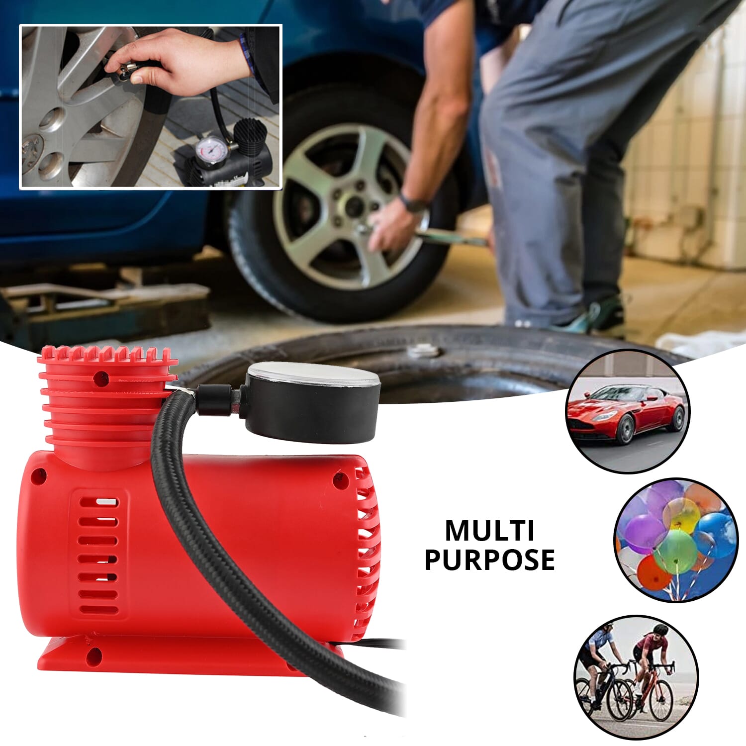 Buy AUTO EFFECTS Red Portable Mini Air Compressor for Tire Inflation 12Volt DC Powered Built in Pressure Gauge Inflates Automobile tires Bike tires at ShopLC