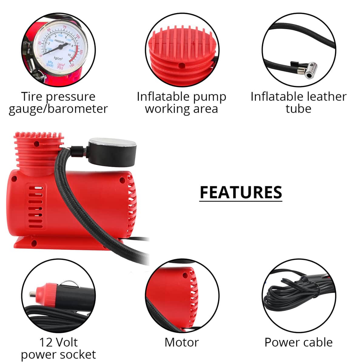 AUTO EFFECTS Red Portable Mini Air Compressor for Tire Inflation, 12Volt DC Powered, Built-in Pressure Gauge, Inflates Automobile tires, Bike tires image number 2