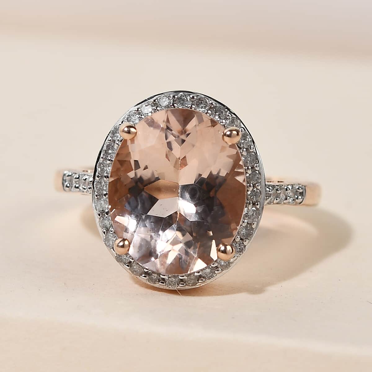 LUXORO 10K Rose Gold AAA Marropino Morganite and G-H I3 Diamond Halo Ring (Size 10.0) 3.60 Grams 4.15 ctw image number 1