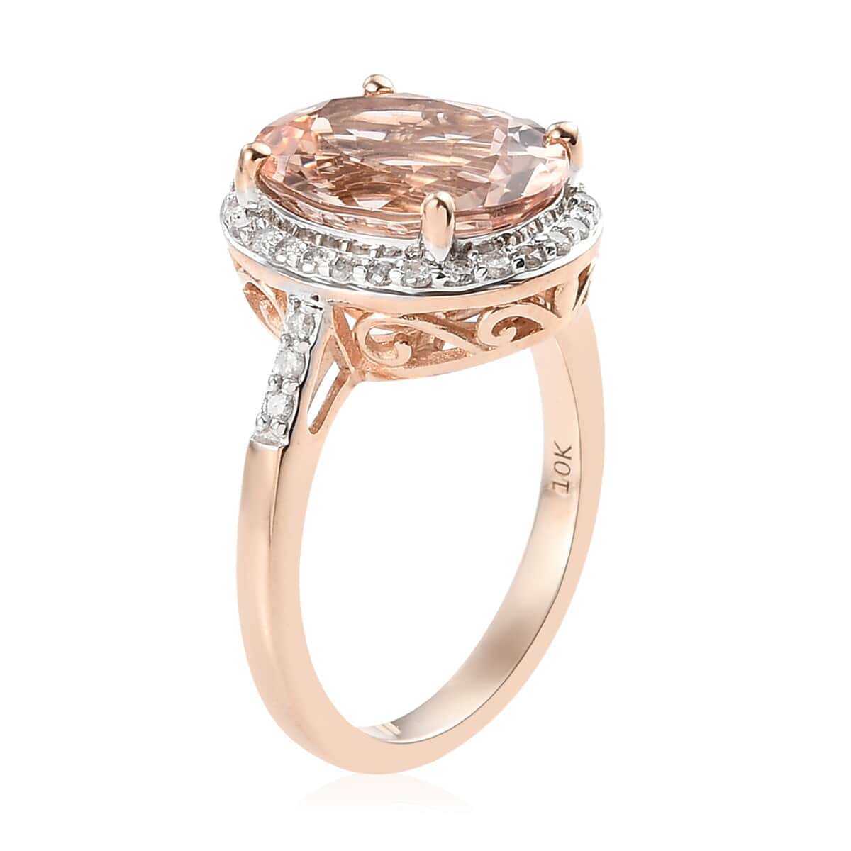 Luxoro 10K Rose Gold AAA Marropino Morganite and G-H I3 Diamond Halo Ring (Size 10.0) 4.15 ctw image number 3