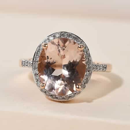 Luxoro 10K Rose Gold AAA Marropino Morganite and G-H I3 Diamond Halo Ring (Size 7.0) 4.15 ctw image number 1