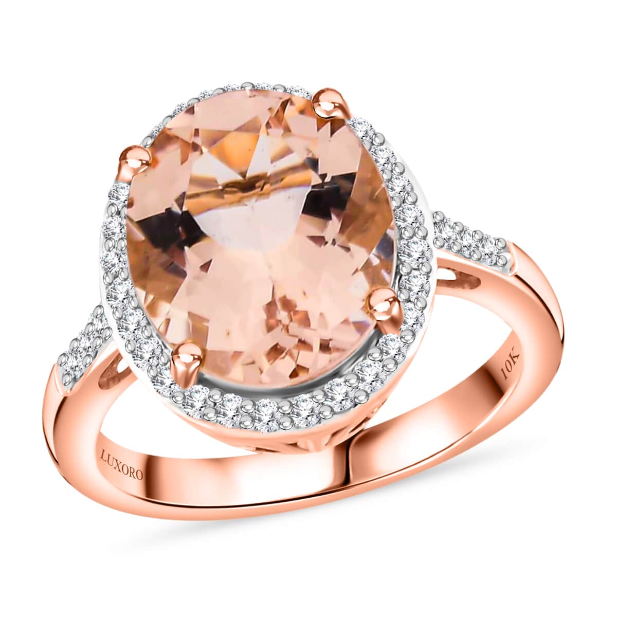 Luxoro 10K Rose Gold AAA Marropino Morganite and G-H I3 Diamond Halo Ring (Size 8.0) 3.60 Grams 4.15 ctw image number 0