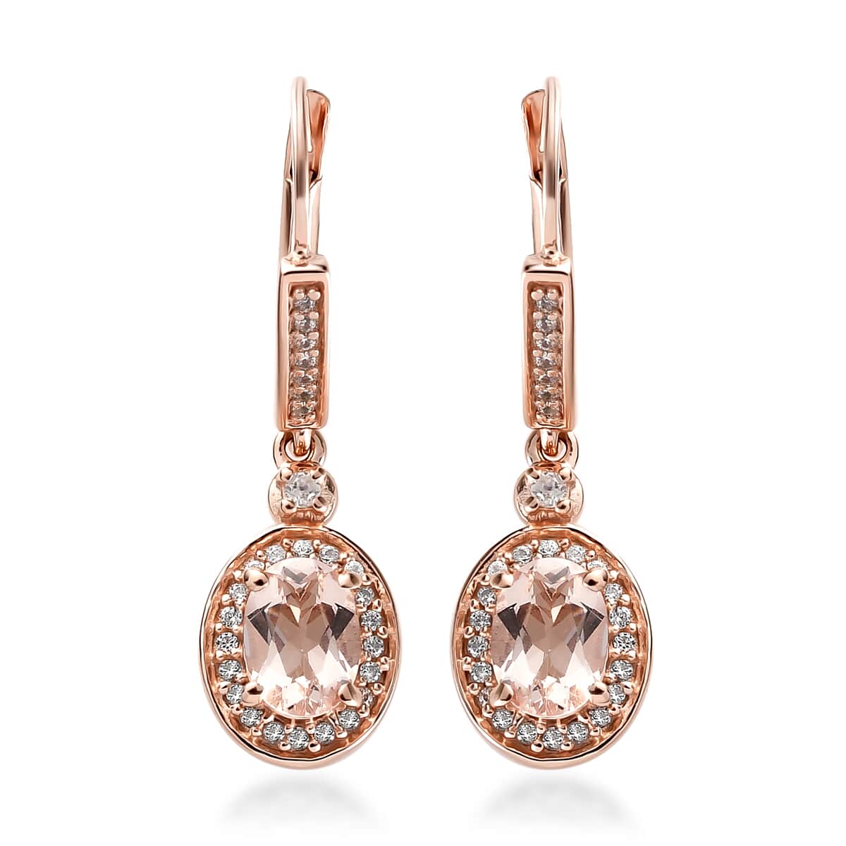 Marropino Morganite and Natural White Zircon Halo Dangle Earrings in Vermeil RG Over Sterling Silver 1.90 ctw image number 0