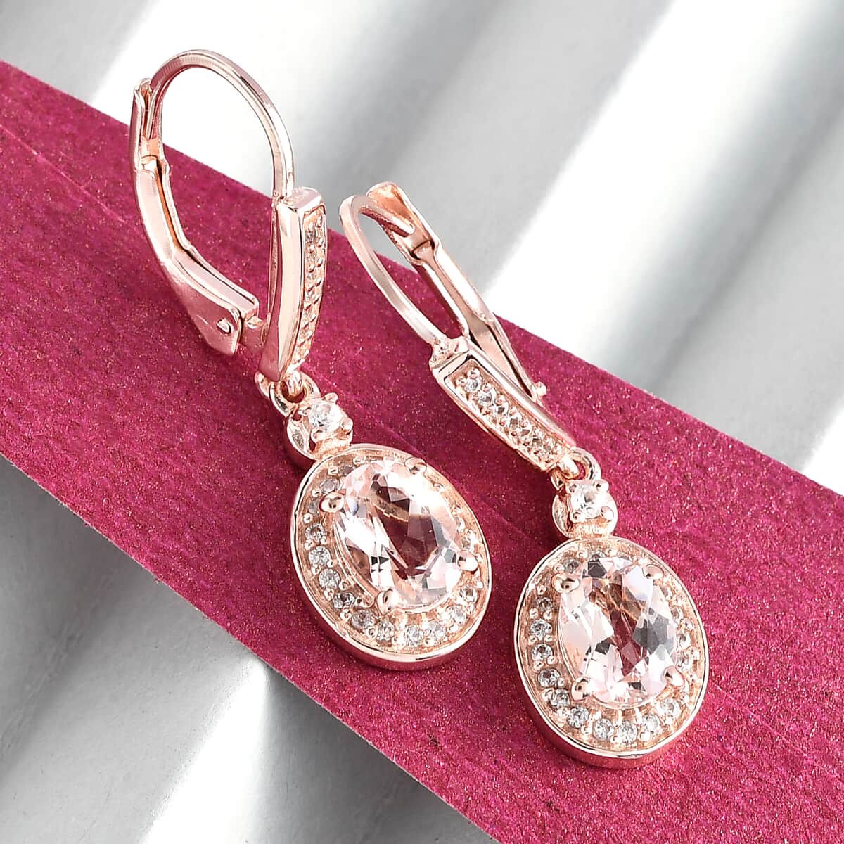 Marropino Morganite and Natural White Zircon Halo Dangle Earrings in Vermeil RG Over Sterling Silver 1.90 ctw image number 1