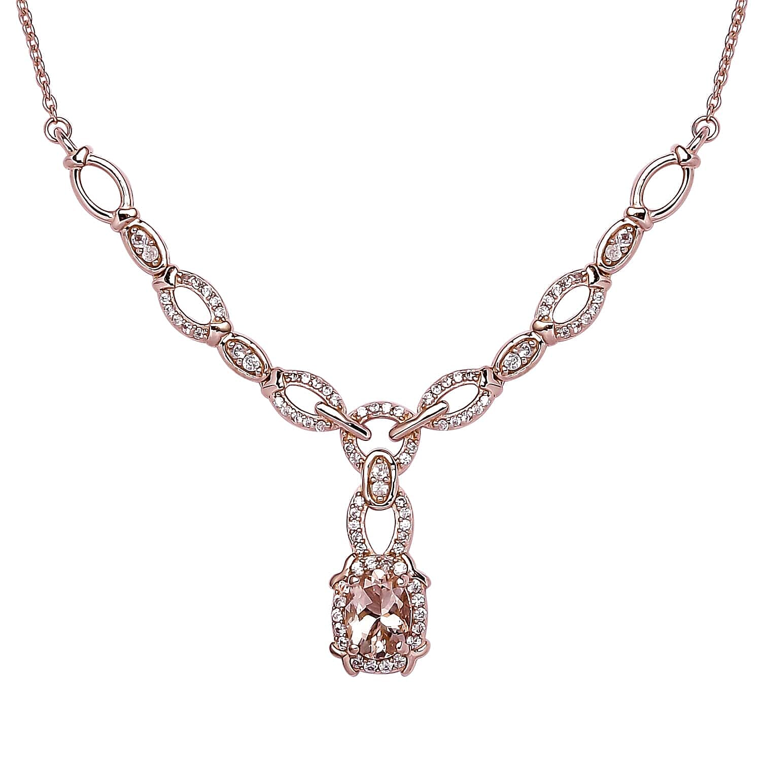 Premium Marropino Morganite and Natural White Zircon Necklace 18 Inches in Vermeil Rose Gold Over Sterling Silver 2.10 ctw