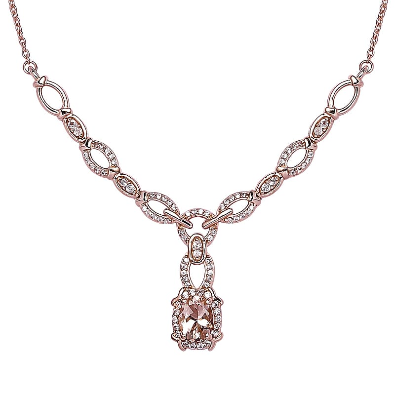 Premium Marropino Morganite and Natural White Zircon Necklace 18 Inches in Vermeil Rose Gold Over Sterling Silver 2.10 ctw