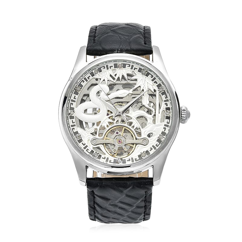 Genoa Diamond Automatic Mechanical Movement Snake Pattern Dial Watch with Black Genuine Leather (44mm) (7.75-9.0Inches) 0.10 ctw