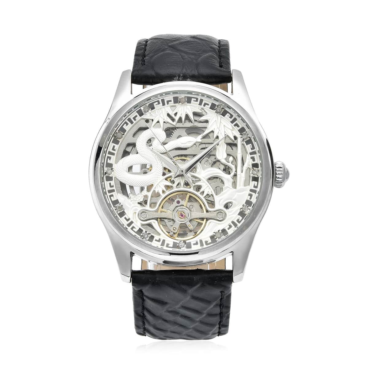 Genoa Diamond Automatic Mechanical Movement Snake Pattern Dial Watch with Black Genuine Leather (44mm) (7.75-9.0Inches) 0.10 ctw image number 0