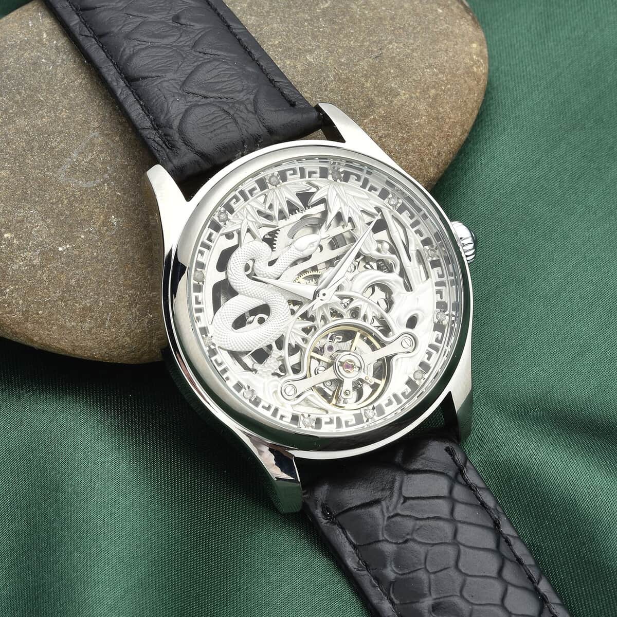 Genoa Diamond Automatic Mechanical Movement Snake Pattern Dial Watch with Black Genuine Leather (44mm) (7.75-9.0Inches) 0.10 ctw image number 1