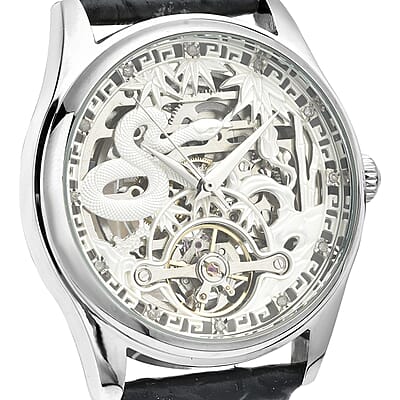 Genoa Diamond Automatic Mechanical Movement Snake Pattern Dial Watch with Black Genuine Leather (44mm) (7.75-9.0Inches) 0.10 ctw