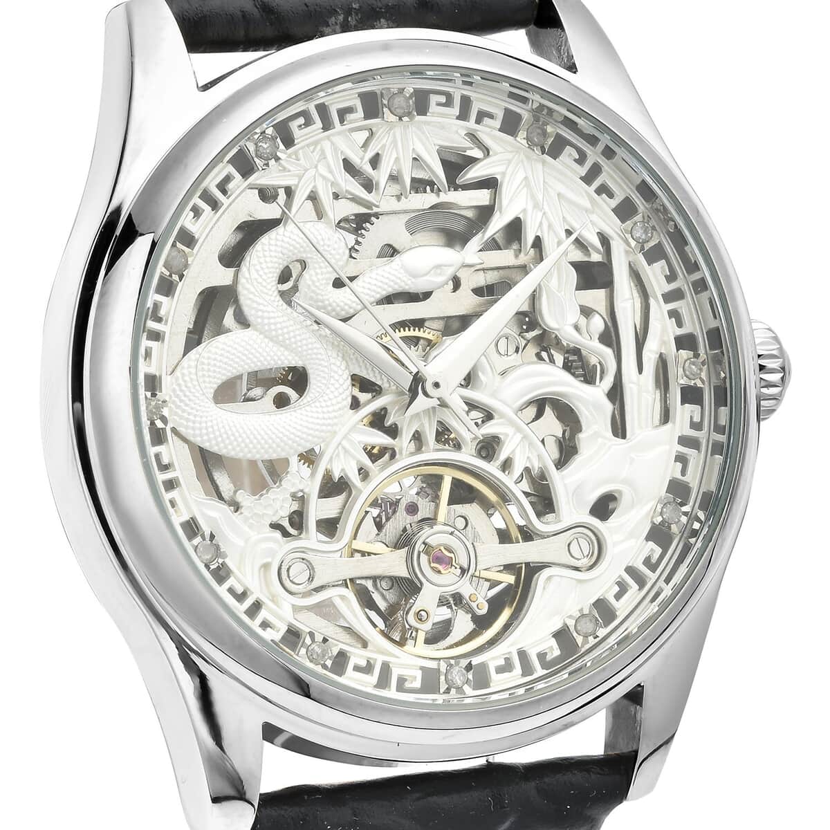 Genoa Diamond Automatic Mechanical Movement Snake Pattern Dial Watch with Black Genuine Leather (44mm) (7.75-9.0Inches) 0.10 ctw image number 3