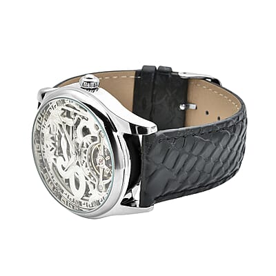 Genoa Diamond Automatic Mechanical Movement Snake Pattern Dial Watch with Black Genuine Leather (44mm) (7.75-9.0Inches) 0.10 ctw