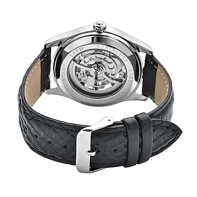 Genoa Diamond Automatic Mechanical Movement Snake Pattern Dial Watch with Black Genuine Leather (44mm) (7.75-9.0Inches) 0.10 ctw