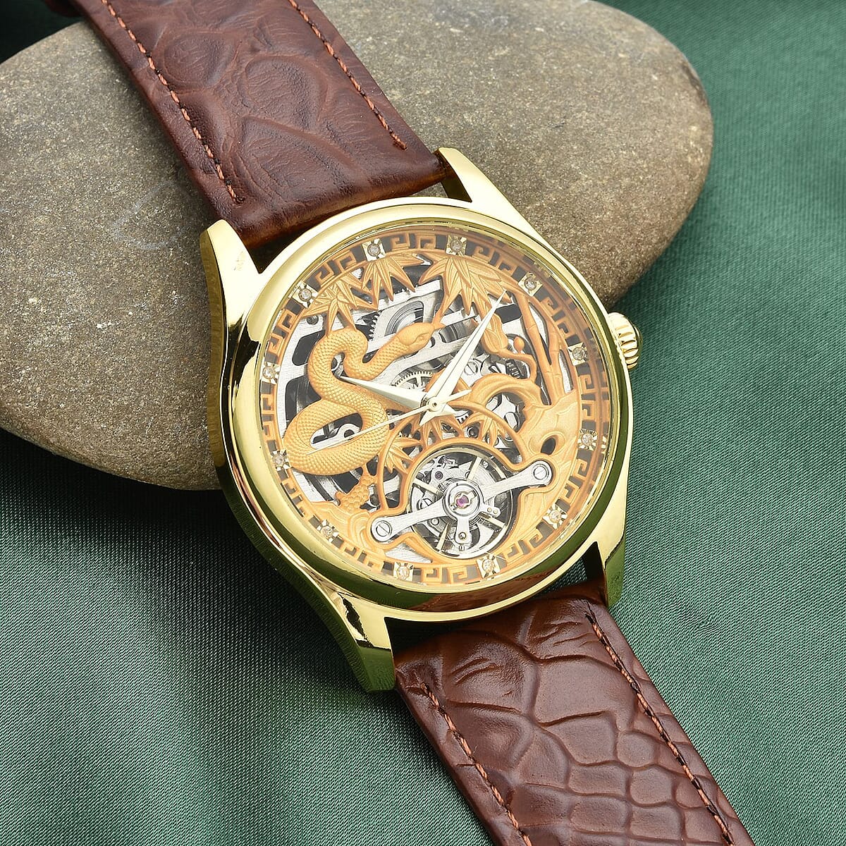 Genoa Diamond Automatic Mechanical Movement Snake Pattern Dial Watch with Brown Genuine Leather (44mm) (7.75-9.0Inches) 0.10 ctw image number 1