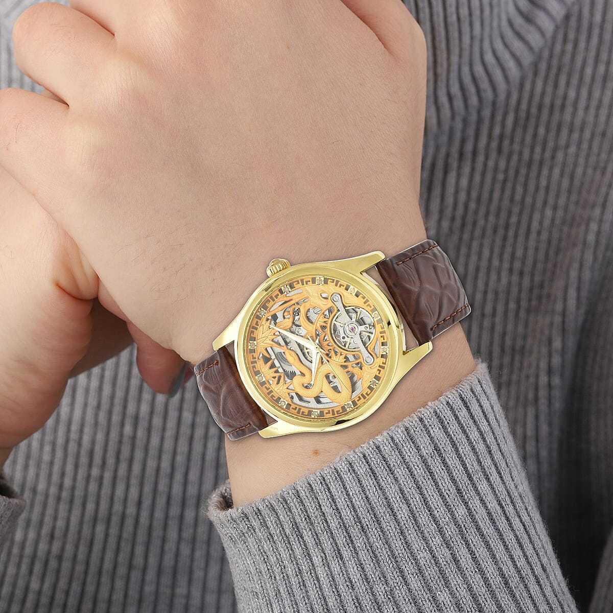 Genoa Diamond Automatic Mechanical Movement Snake Pattern Dial Watch with Brown Genuine Leather (44mm) (7.75-9.0Inches) 0.10 ctw image number 2