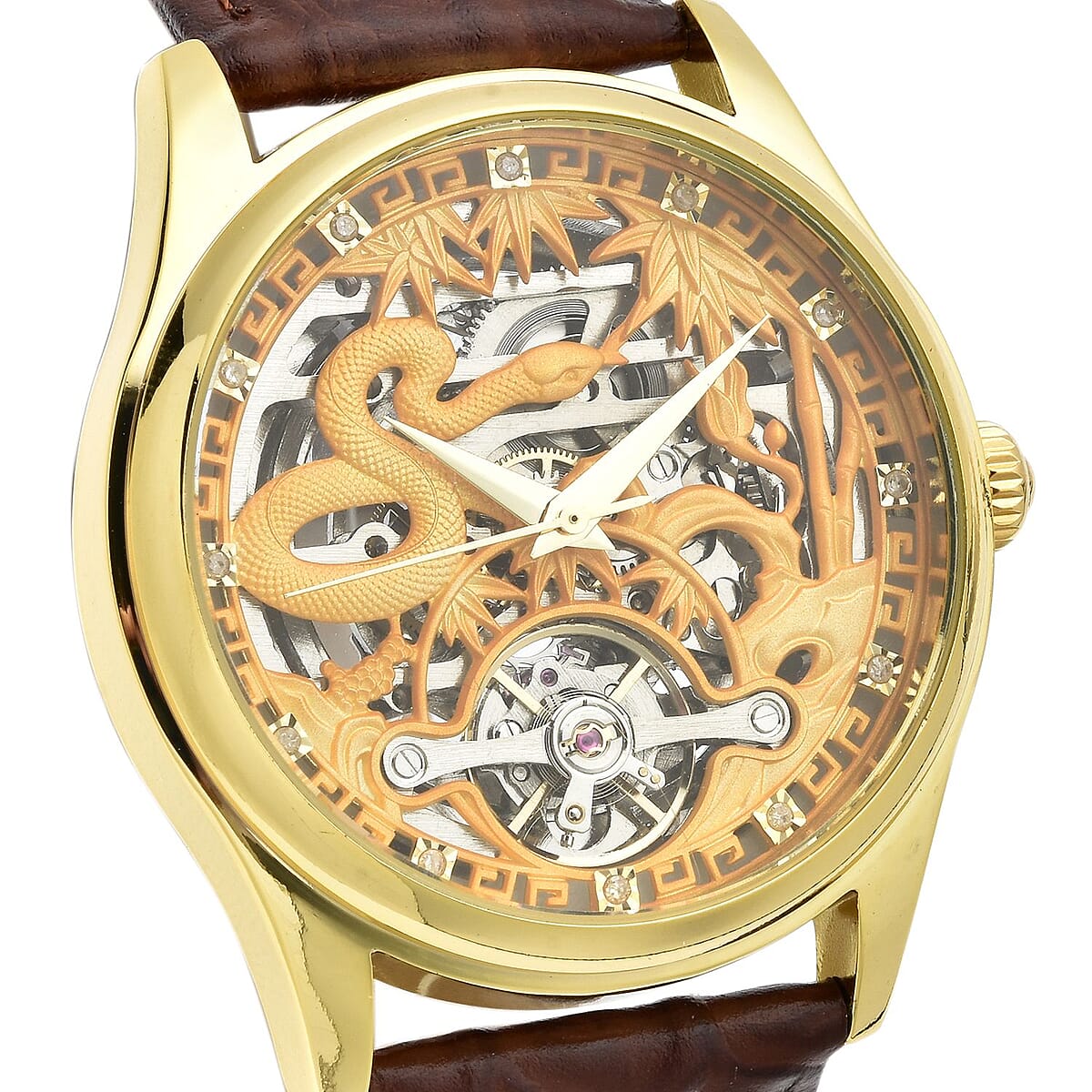 Genoa Diamond Automatic Mechanical Movement Snake Pattern Dial Watch with Brown Genuine Leather (44mm) (7.75-9.0Inches) 0.10 ctw image number 3
