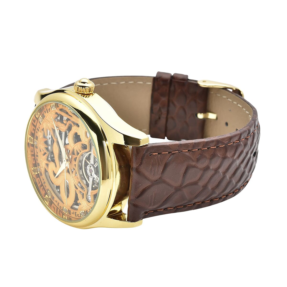 Genoa Diamond Automatic Mechanical Movement Snake Pattern Dial Watch with Brown Genuine Leather (44mm) (7.75-9.0Inches) 0.10 ctw image number 4