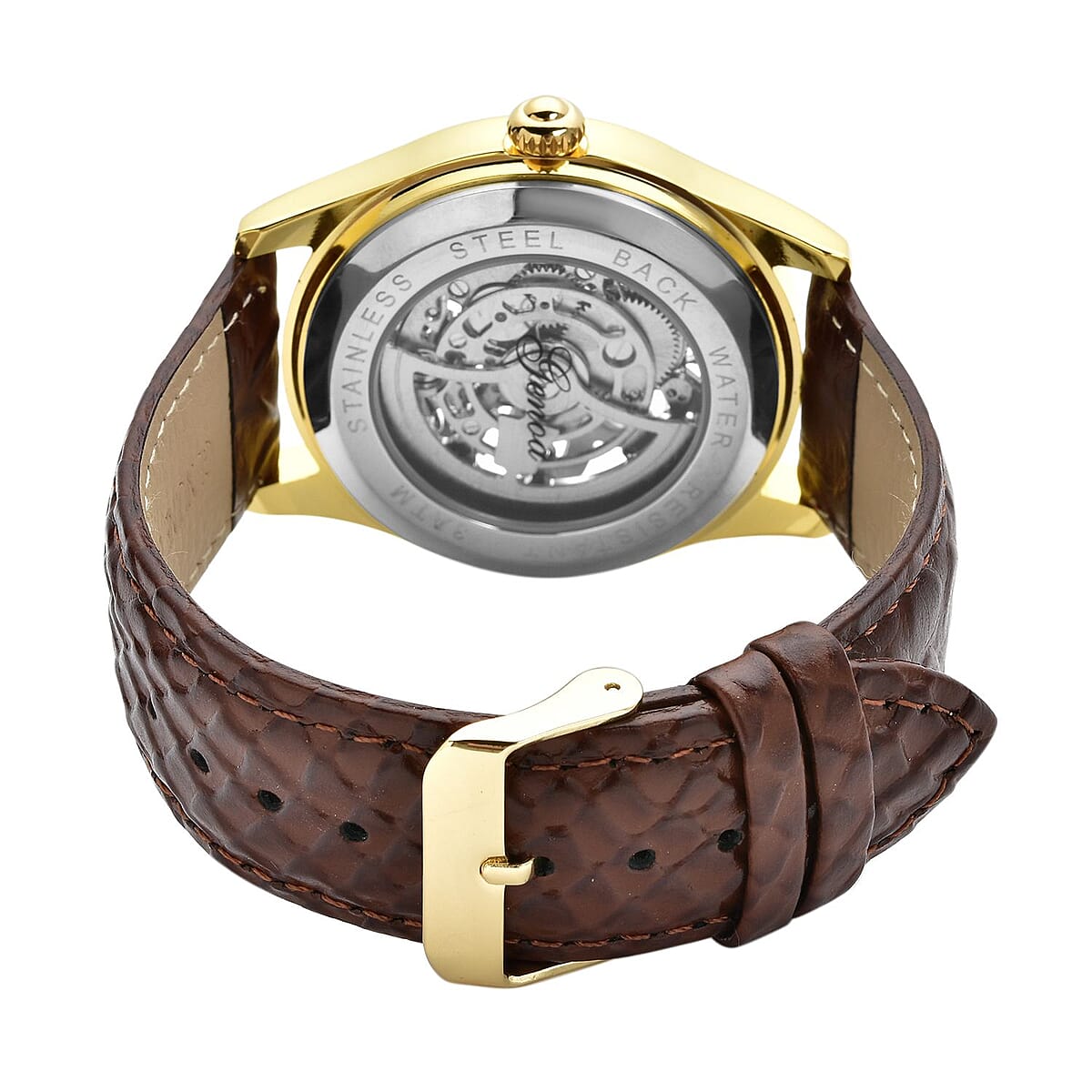 Genoa Diamond Automatic Mechanical Movement Snake Pattern Dial Watch with Brown Genuine Leather (44mm) (7.75-9.0Inches) 0.10 ctw image number 5
