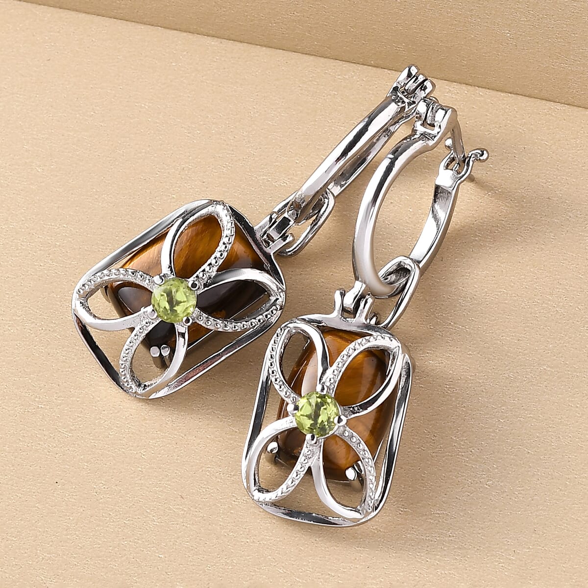 Tiger's Eye and Peridot Multi Wear Earrings in Stainless Steel 15.30 ctw image number 1