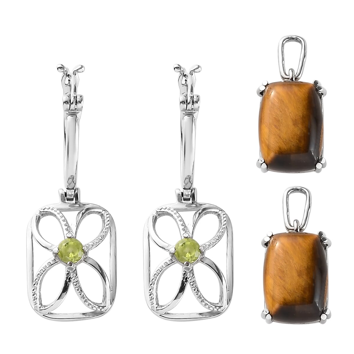 Tiger's Eye and Peridot Multi Wear Earrings in Stainless Steel 15.30 ctw image number 5